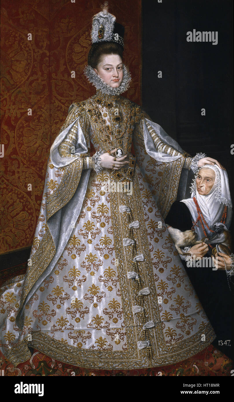 L'Infanta Isabel Clara Eugenia (1566-1633) avec le nain, Magdalena Ruiz, 1585-1588. Artiste : Alonso Sánchez Coello, (1531-1588) Banque D'Images