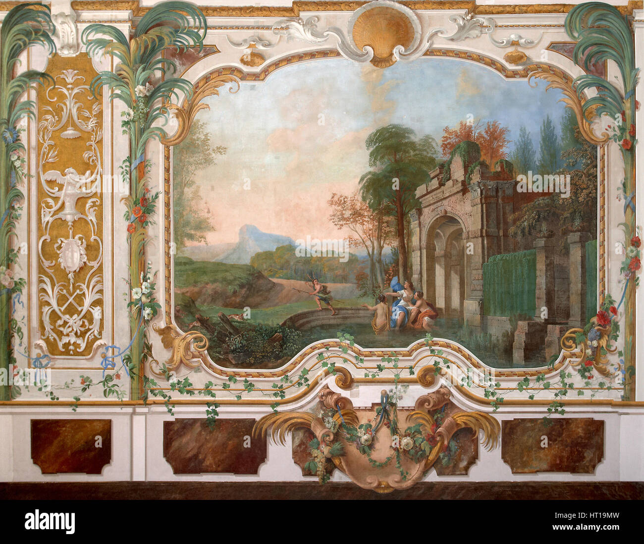 La peinture murale dans le salon de le palais chinois à Oranienbaum, milieu du 18e siècle. Artiste : Anonyme Banque D'Images