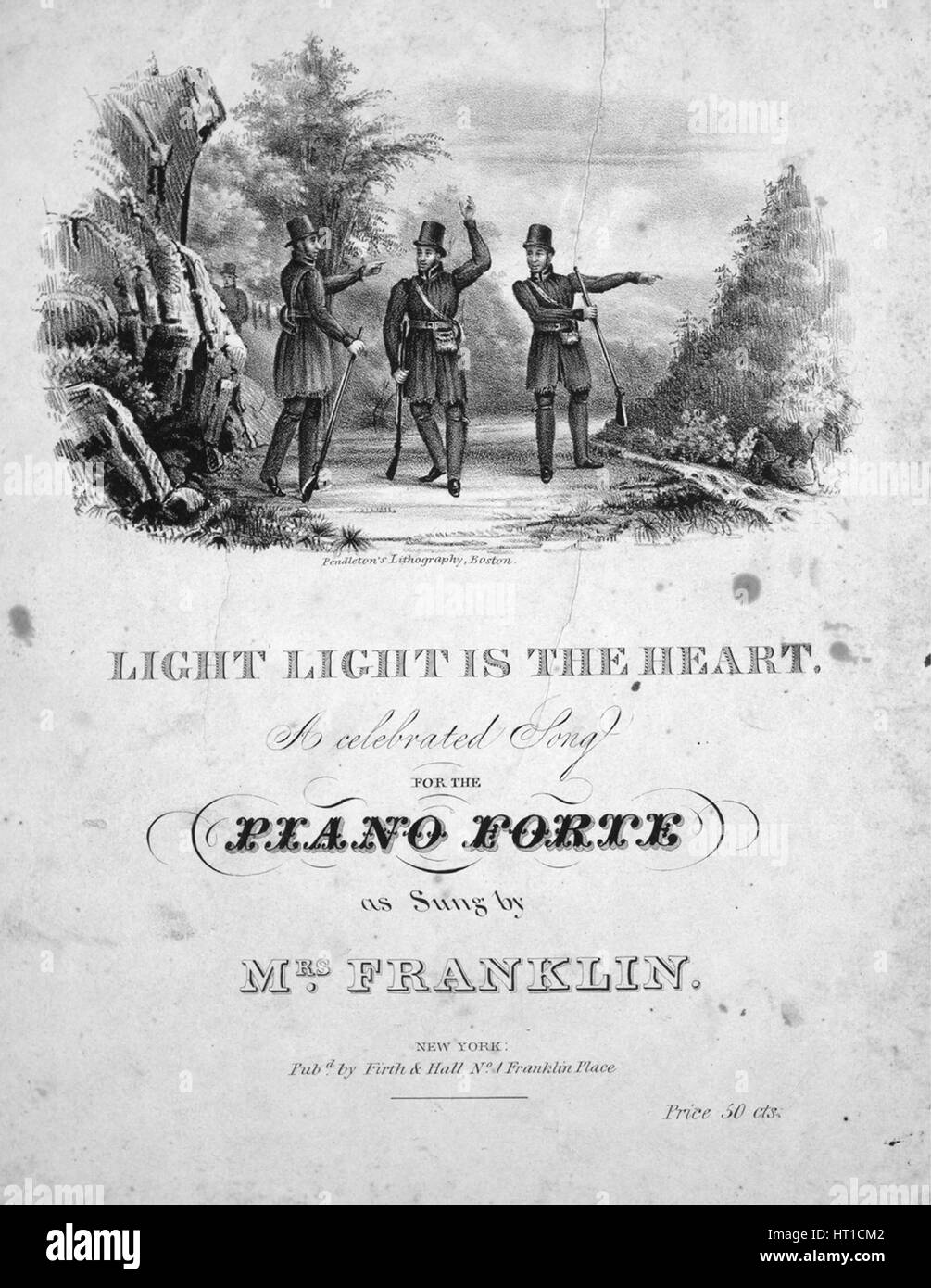 Sheet Music image de couverture de la chanson 'Light Light est le coeur d'un célèbre morceau pour le Piano Forte", avec une œuvre originale lecture notes 'na', United States, 1834. L'éditeur est répertorié comme 'Firth et Hall, NO1-Franklin', la forme de composition est 'strophique (musique varie légèrement à chaque verset)', l'instrumentation est 'piano et voix", la première ligne se lit "Light light est le coeur qu'avec la liberté, peuvent aller o'er la montagne de façon courageuse et libre', et l'illustration artiste est répertorié comme "Pendleton, lithographie de Boston'. Banque D'Images