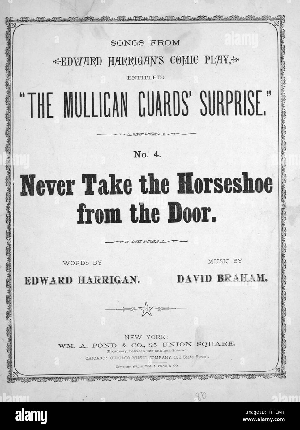 La couverture musicale de la chanson « les longs de la comédie d'Edward  Harrigan, intitulée « The Mulligan Guards » surprise » No4 Never Take the  Horseshoe From The Door », avec