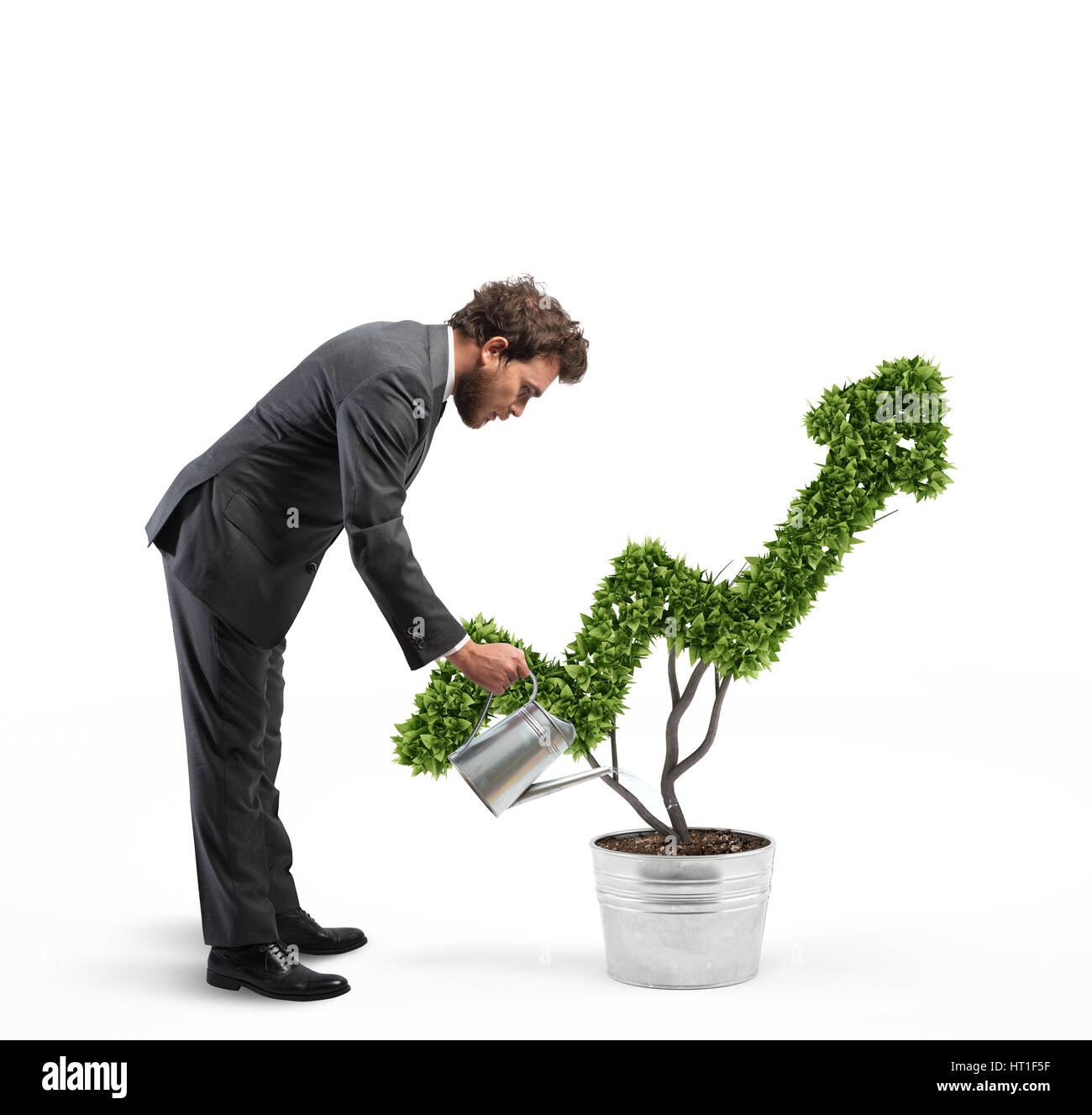 Businessman Arroser une plante qui pousse comme une flèche . Le Rendu 3D Banque D'Images