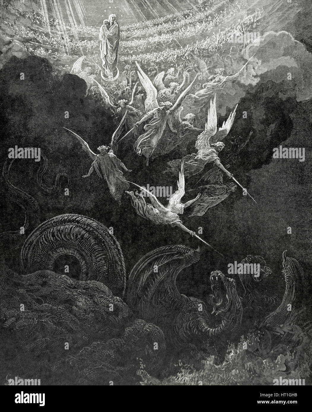 Sainte Bible. La Vierge couronnée. Une vision de Jean : "Et il semble qu'un grand woner dans le ciel : une femme enveloppée du soleil et la lune sous ses pieds et sur sa tête une couronne de douze étoiles". Gravure de Gustave Dore (1832-1883). Banque D'Images