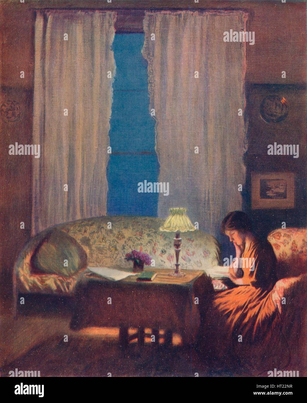 'Lecture à la Lueur (Twilight : Intérieur)', 1909. Artiste : George Clausen. Banque D'Images
