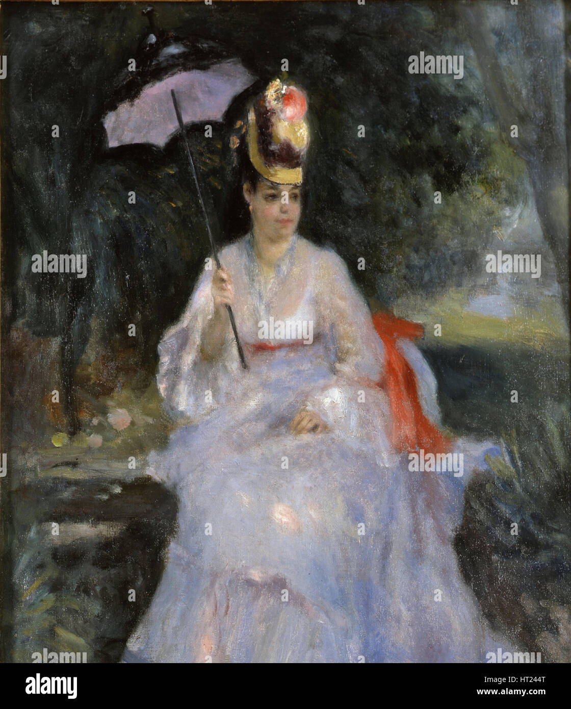 Femme avec un parasol assis dans un jardin, 1872. Artiste : Renoir, Pierre Auguste (1841-1919) Banque D'Images