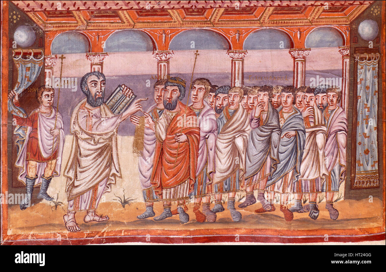 Moïse recevant les tables de la loi (de la Bible de Moutier-Grandval miniature), ca 830-ca 840. Artiste : Anonyme Banque D'Images