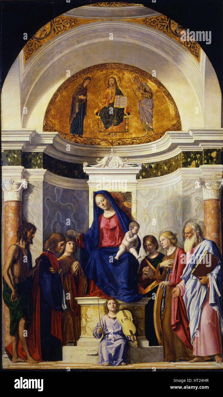 Vierge et enfant avec les Saints Jean le Baptiste, Cosmas et Damian, Catherine et Paul, ca 1506-1507. Artiste : Cima da Conegliano, Giovanni Battista (ca. Banque D'Images