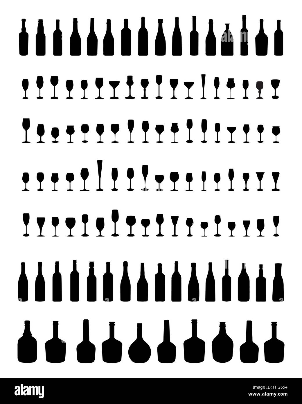 Silhouettes noires de bols, bouteilles et verres, vector Banque D'Images