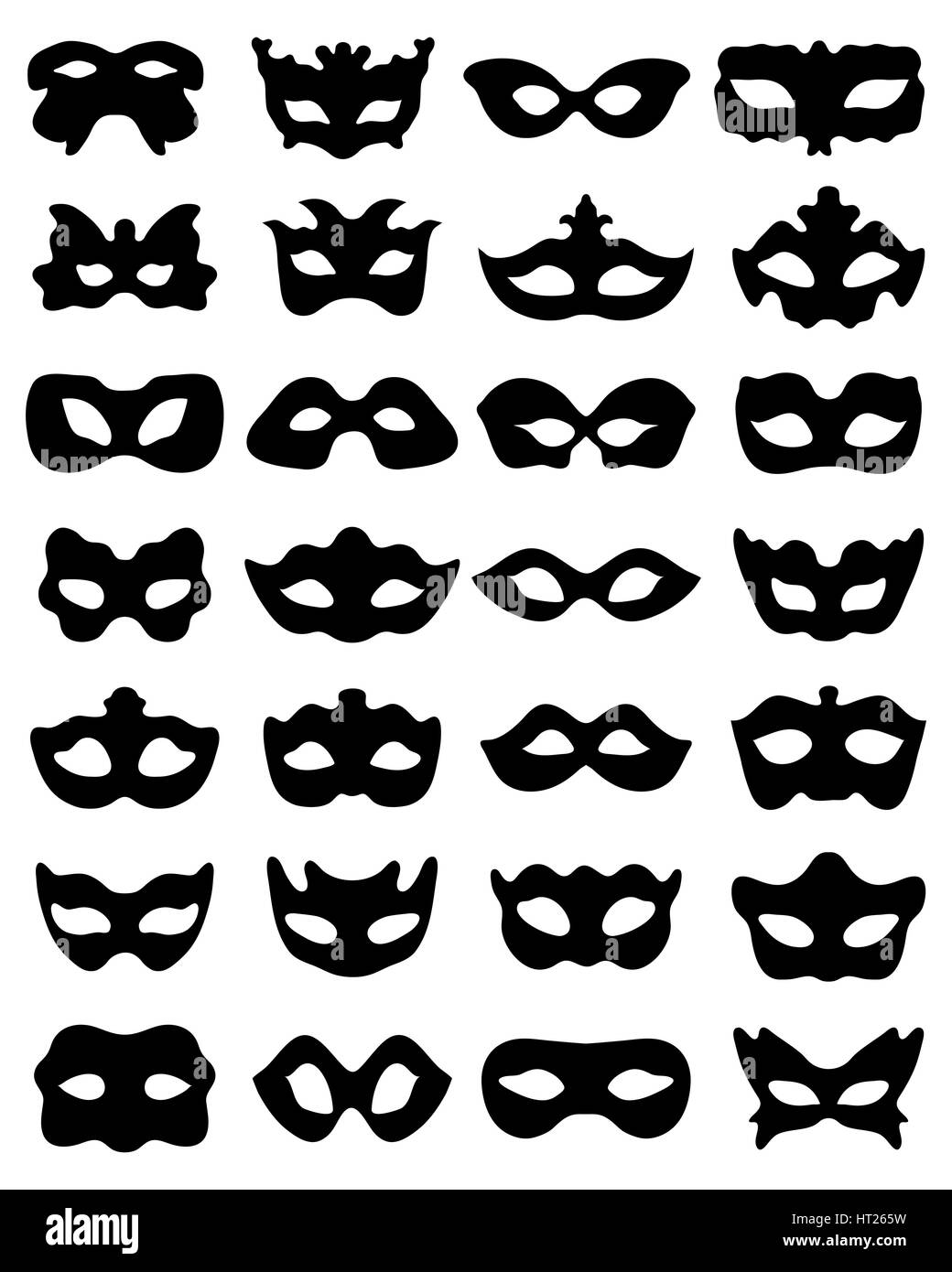 Silhouette noire masques de fête en noir sur un fond blanc Banque D'Images