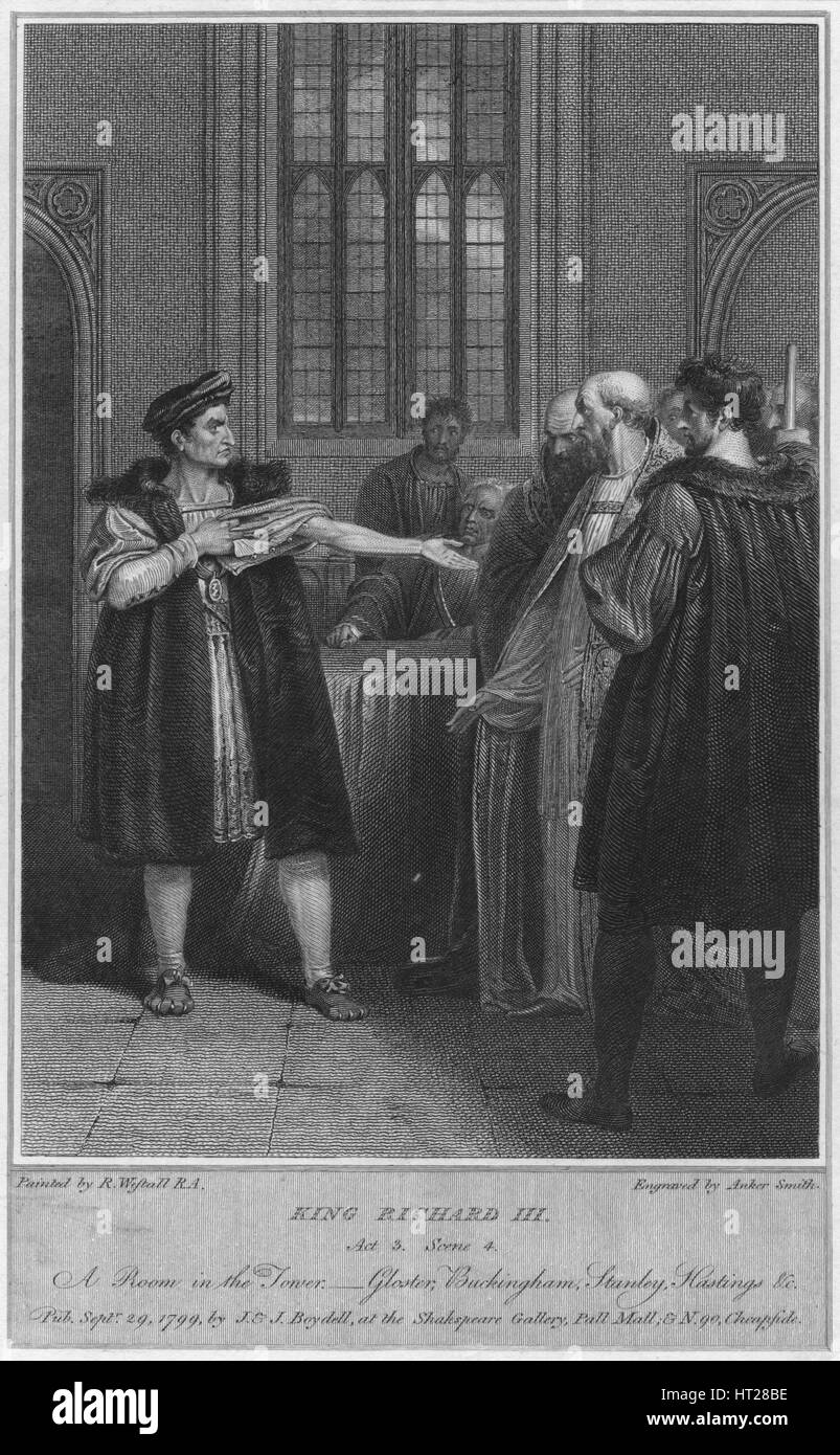 'Le Roi Richard III. L'Acte 3. Scène 4. Une chambre dans la tour - Gloucester, Buckingham, Stanley, Hastings & Artist : Anker Smith. Banque D'Images
