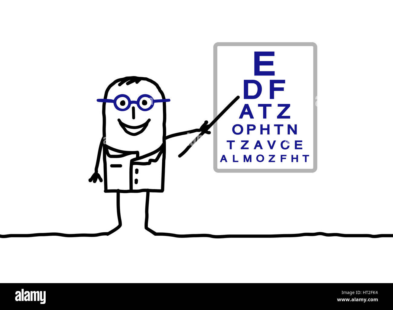 Les personnages de dessins animés - ophtalmologue avec des signes à bord Banque D'Images