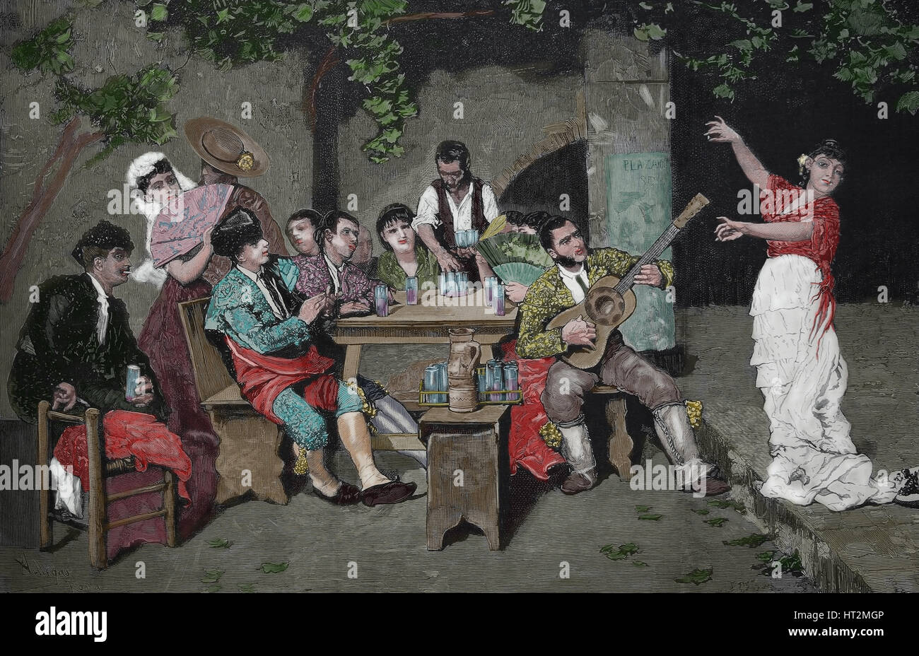 L'Espagne. Déguisement de fête. L'élaboration d'une peinture de Jose Villegas. Les Espagnols et Américains Illustratio, 1882, l'Espagne. Banque D'Images