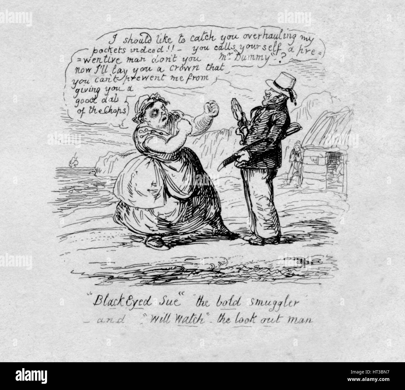 Black Eyed sue le bold contrebandier et va regarder le look out man', 1829. Artiste : George Cruikshank. Banque D'Images