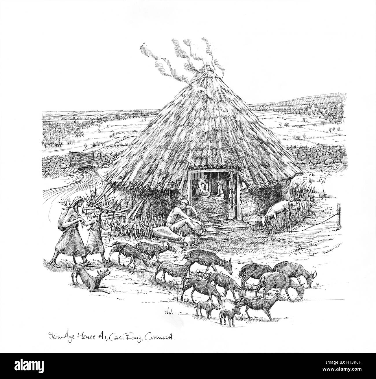 Les agriculteurs et un troupeau de chèvres à l'extérieur à l'âge de fer Roundhouse, (c1990-2010) Artiste : Judith Dobie. Banque D'Images