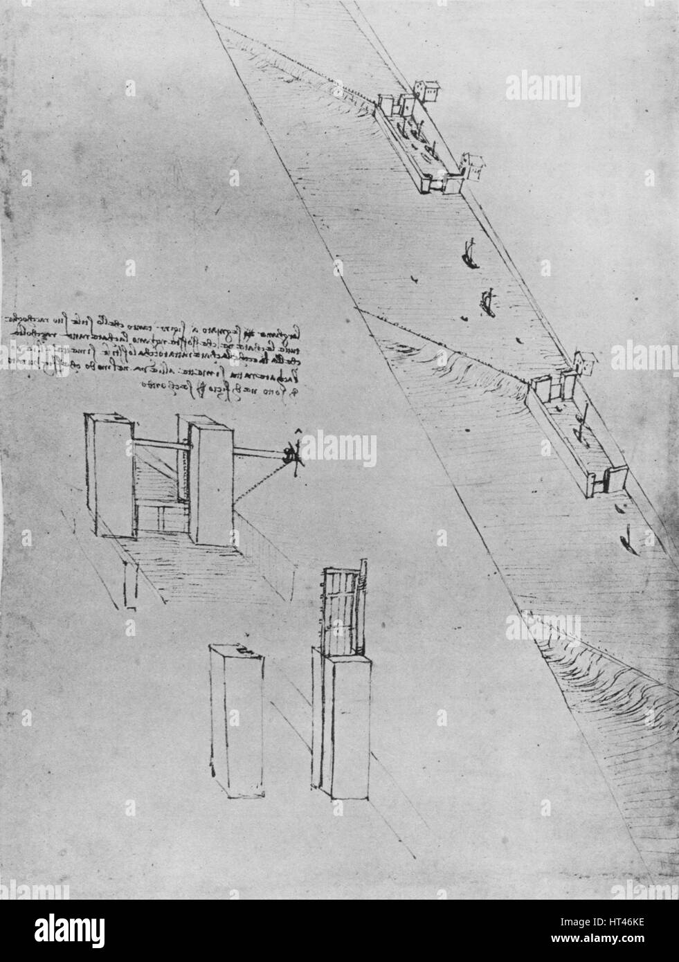 'Un Canal avec écluses et déversoirs', c1480 (1945). Artiste : Leonardo da Vinci. Banque D'Images