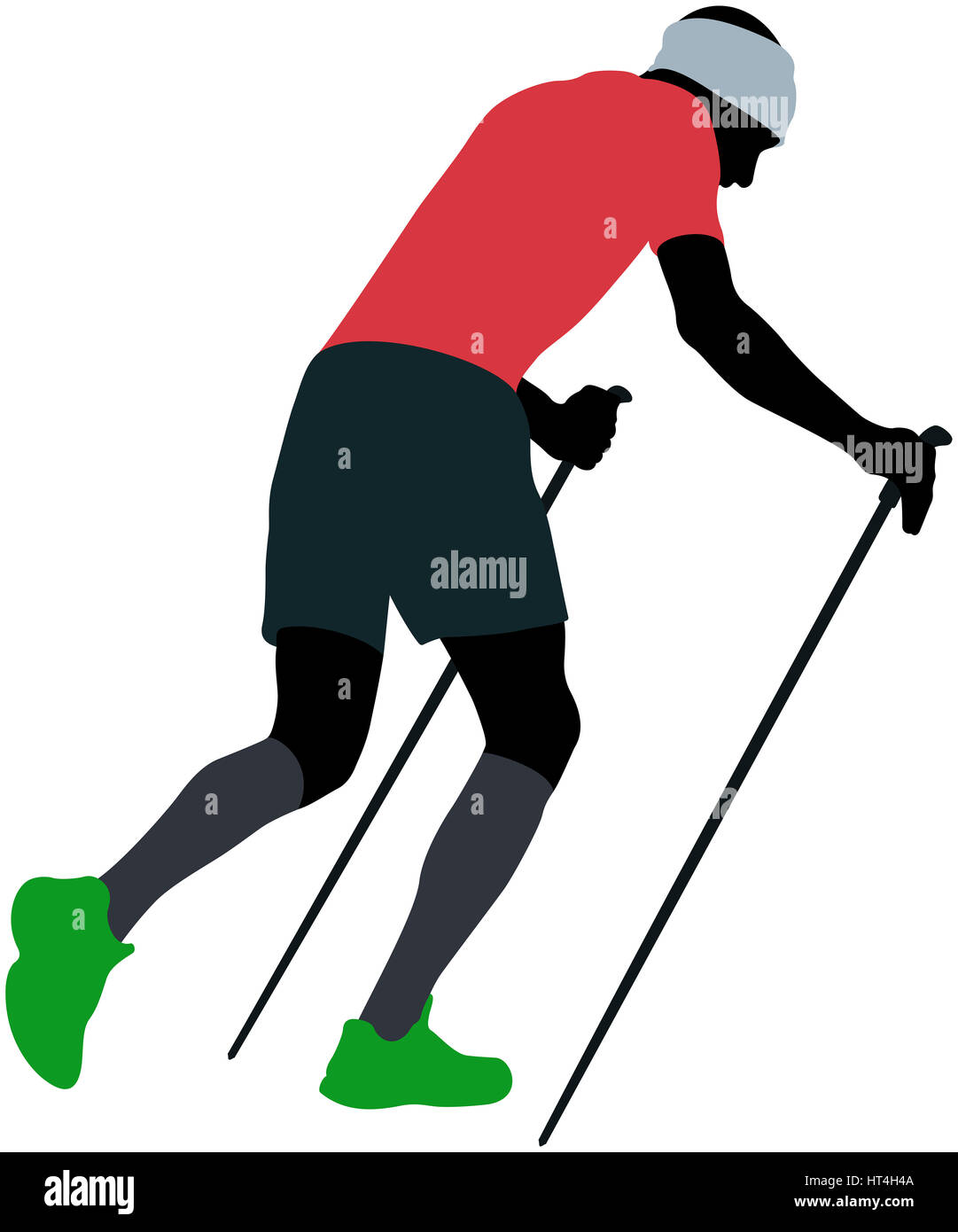 Homme coureur avec bâtons de marche en marche en montée dans des chaussettes de compression Banque D'Images