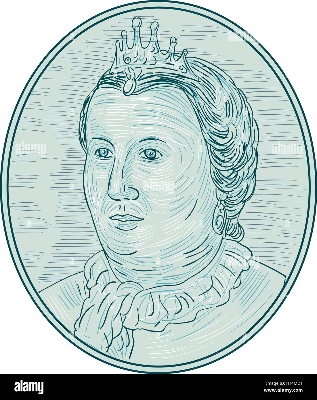 Croquis dessin illustration style du xviiie siècle, de l'impératrice européenne avec buste à la couronne sur le côté vue de l'avant ensemble à l'intérieur de la forme ovale. Illustration de Vecteur