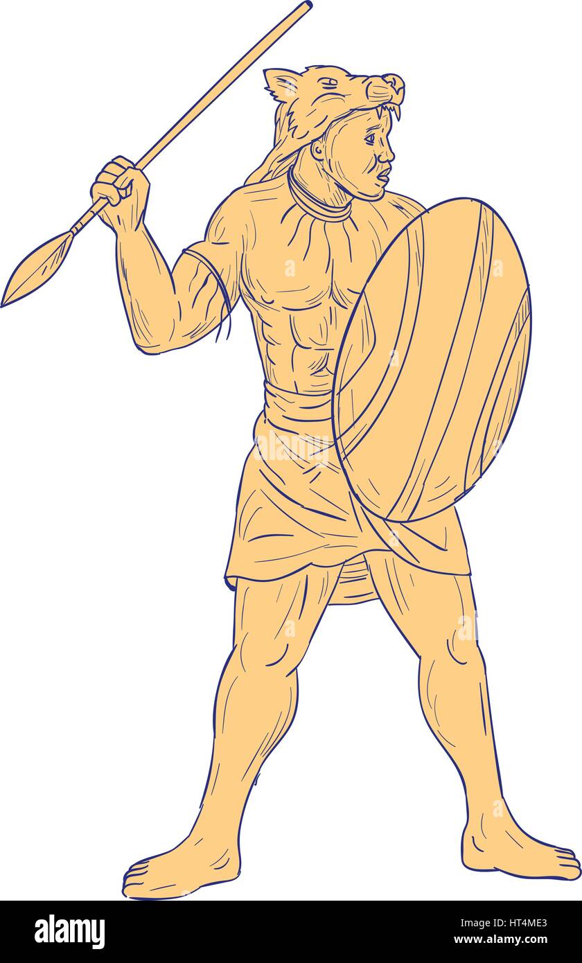 Style croquis dessin illustration d'un guerrier africain masque tête de loup sur la lance et le bouclier à la recherche sur le côté isolé sur blanc retour Illustration de Vecteur