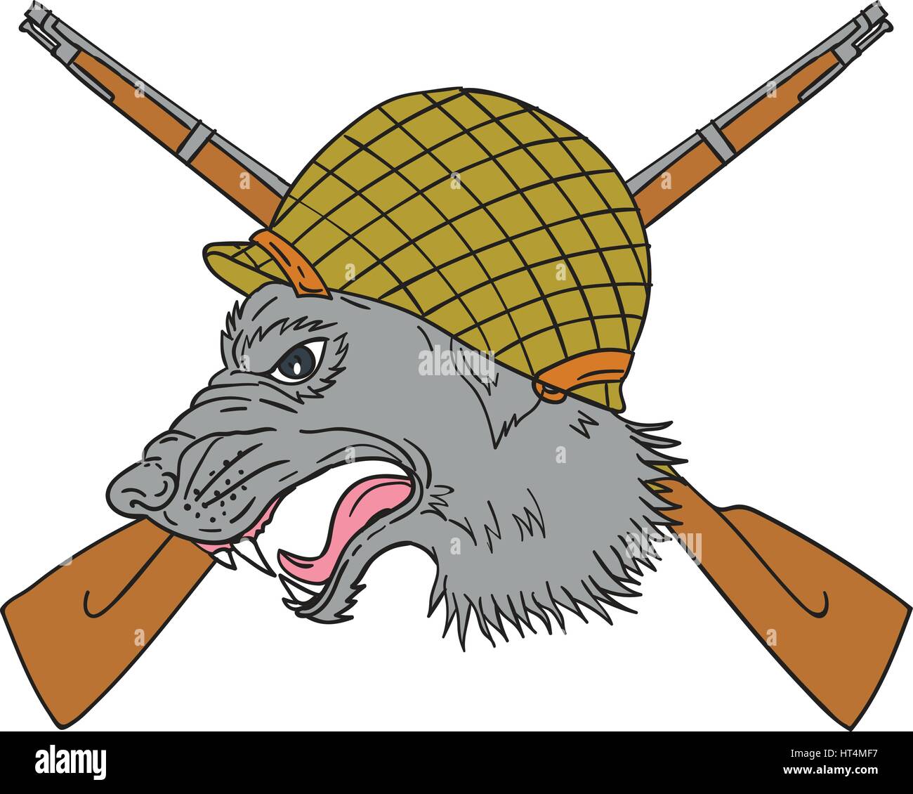 Style croquis dessin illustration d'une tête de loup gris portant la seconde guerre mondiale, deux fusils croisés avec casque à l'arrière-plan depuis le côté. Illustration de Vecteur