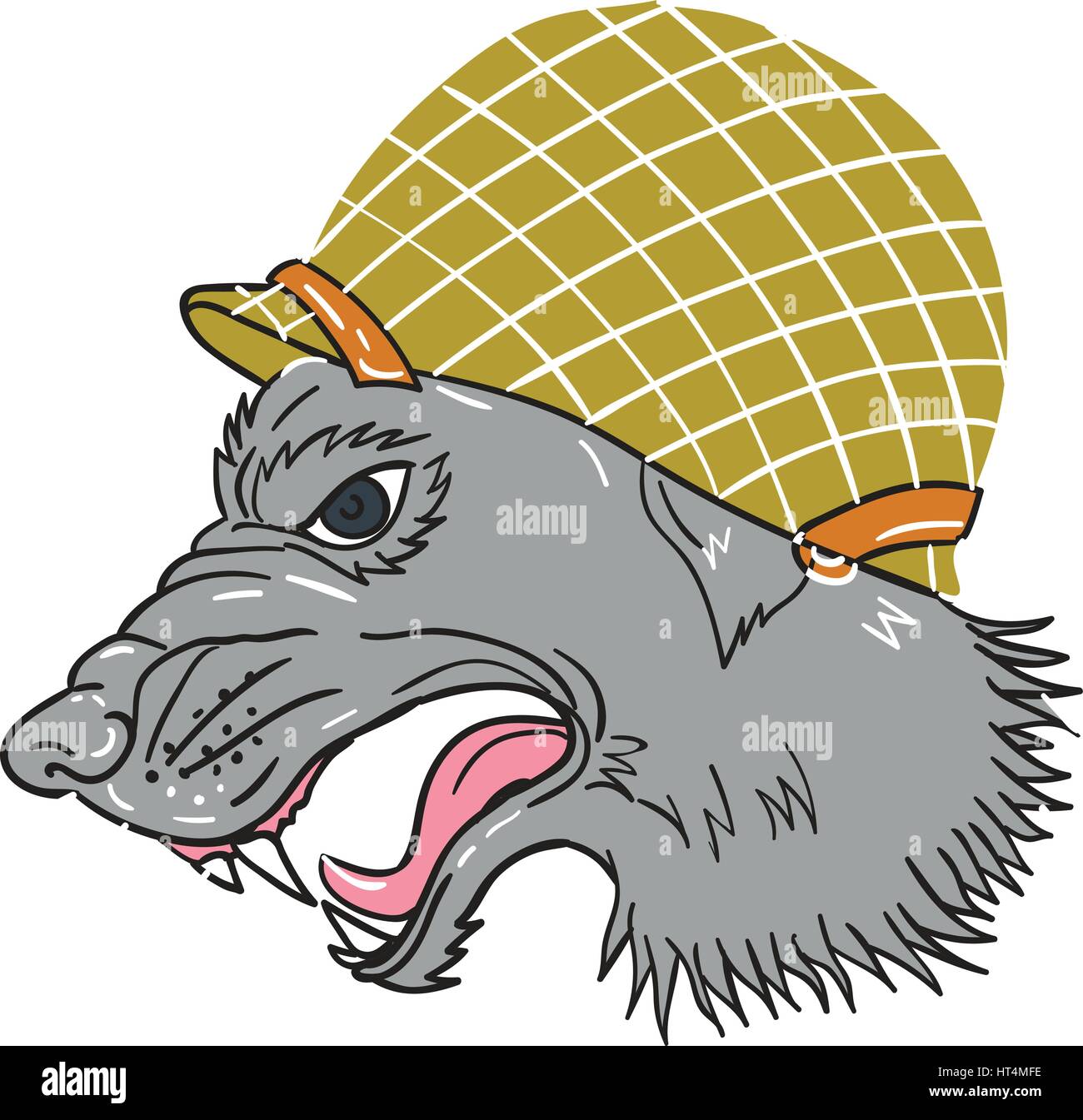 Croquis dessin illustration style de tête de loup gris portant des casques de la deuxième guerre mondiale gronde depuis le côté isolé sur fond blanc. Illustration de Vecteur