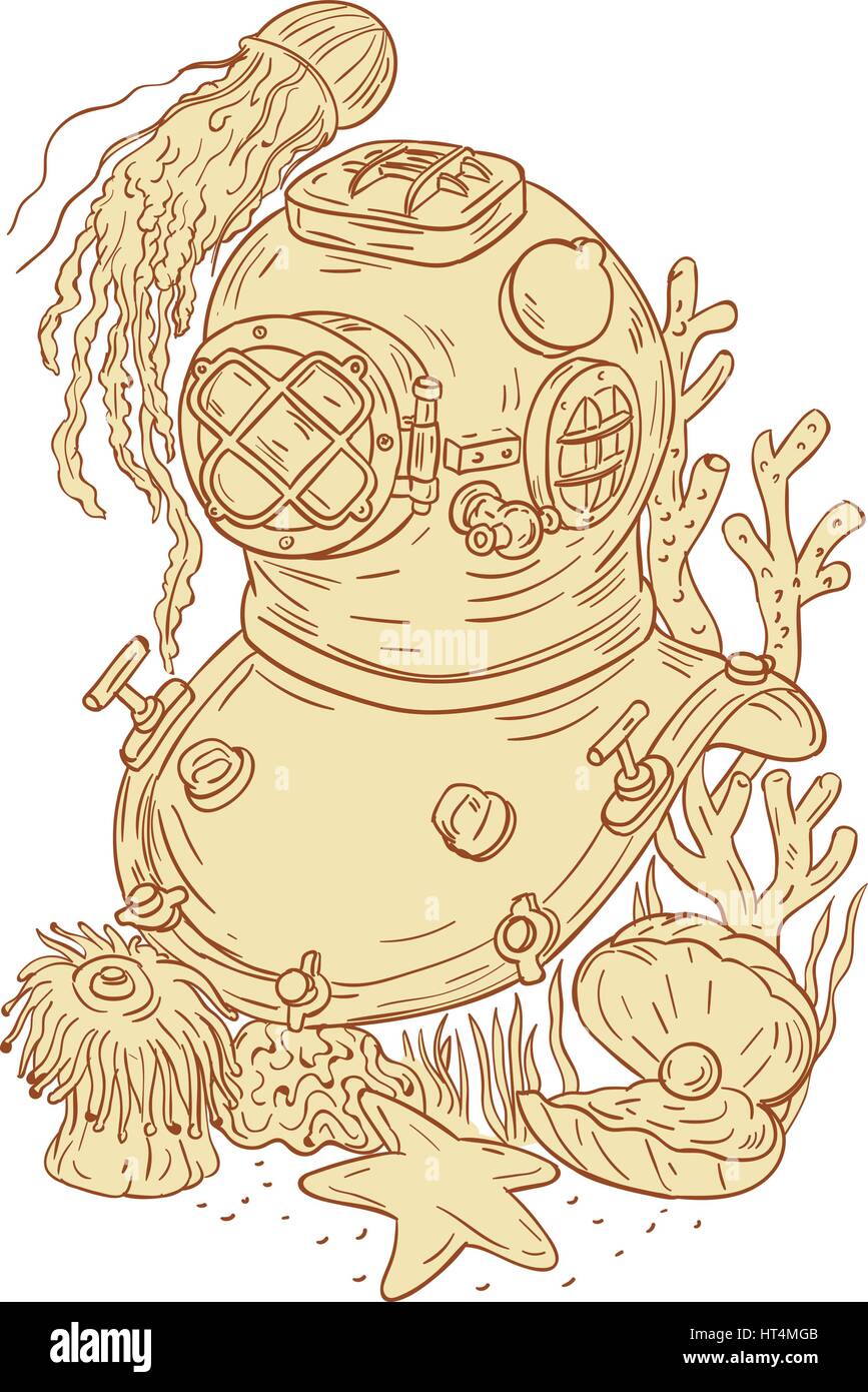Style croquis dessin illustration d'une vieille école en cuivre et en laiton casque de plongée plongée sous l'eau avec les méduses, étoiles de mer, huîtres avec pearl et corail Illustration de Vecteur