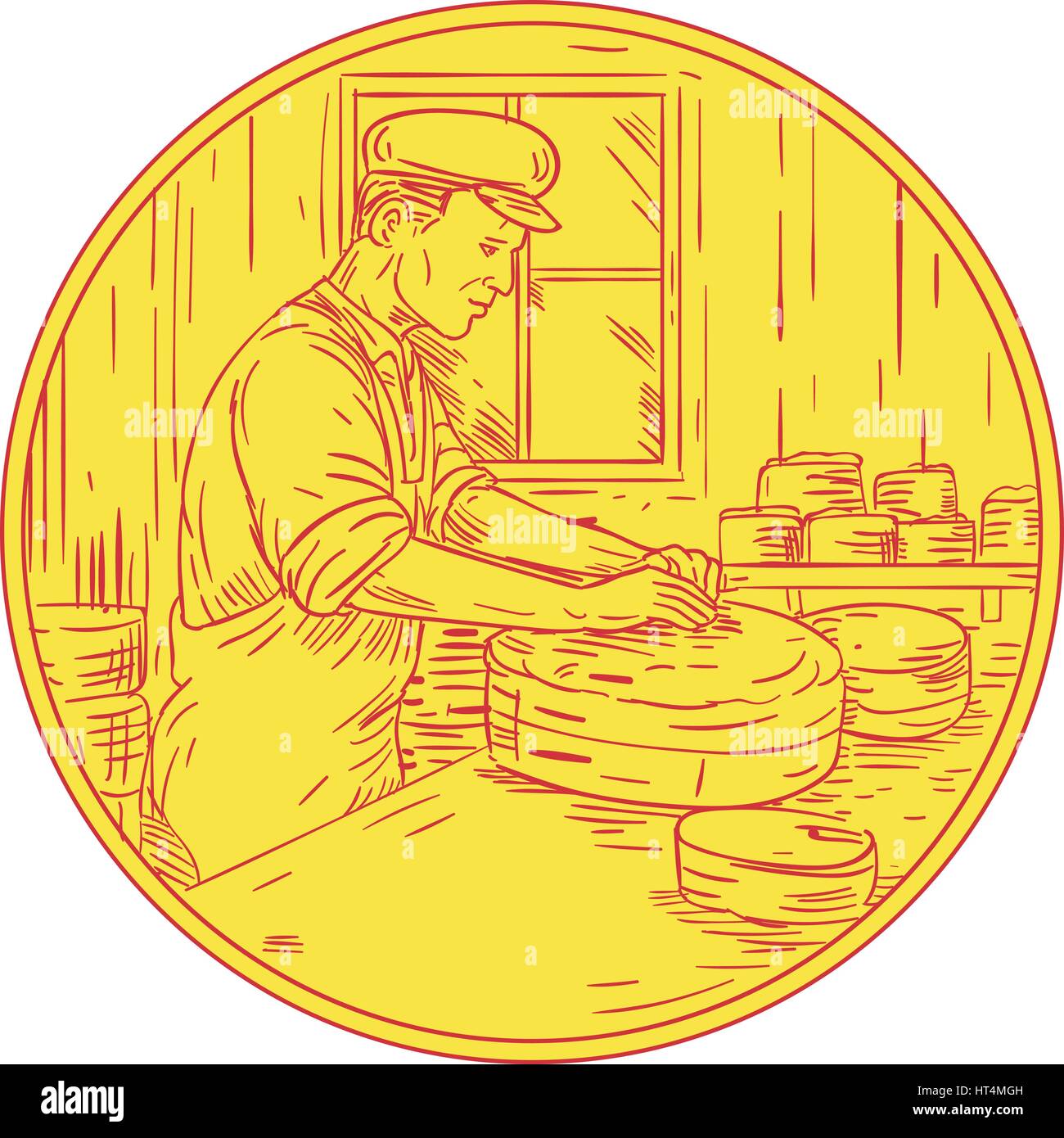 Croquis dessin illustration d'un style traditionnel fromager Suisse cheese block vu de côté, de définir à l'intérieur du cercle. Illustration de Vecteur