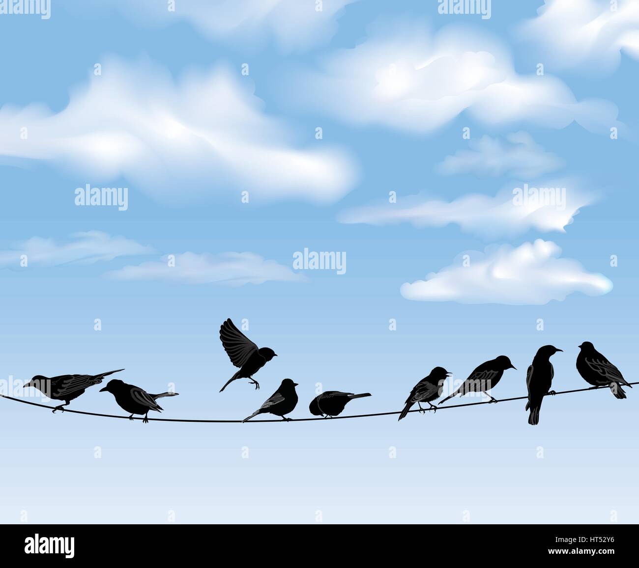 Ensemble d'oiseaux sur les fils, sur fond de ciel bleu. un vecteur illustration Illustration de Vecteur