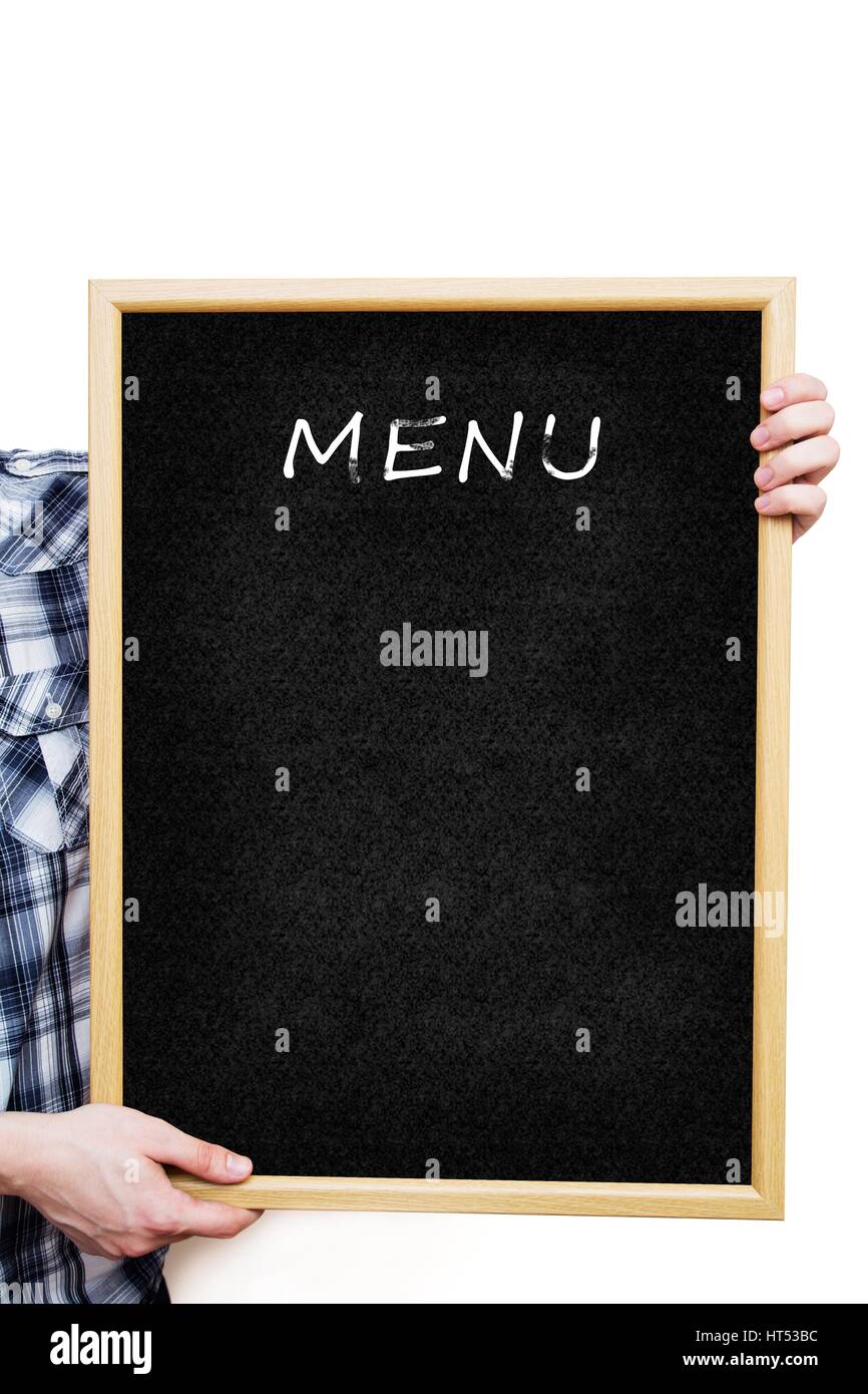 Man holding a blank tableau noir, montrant un menu vide Banque D'Images