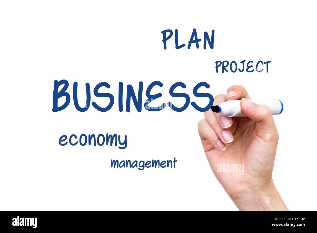 Écriture d'affaires main content avec marqueur bleu sur tableau blanc Banque D'Images