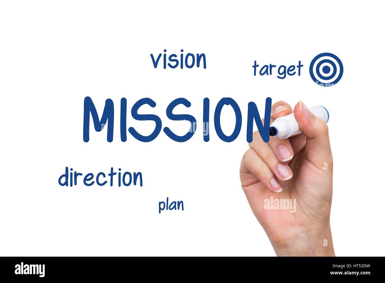 La main société mission contenu avec marqueur bleu sur tableau blanc virtuel Banque D'Images