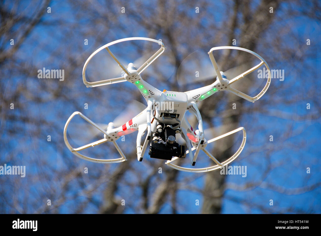 Drone avec caméra planant dans les arbres Banque D'Images