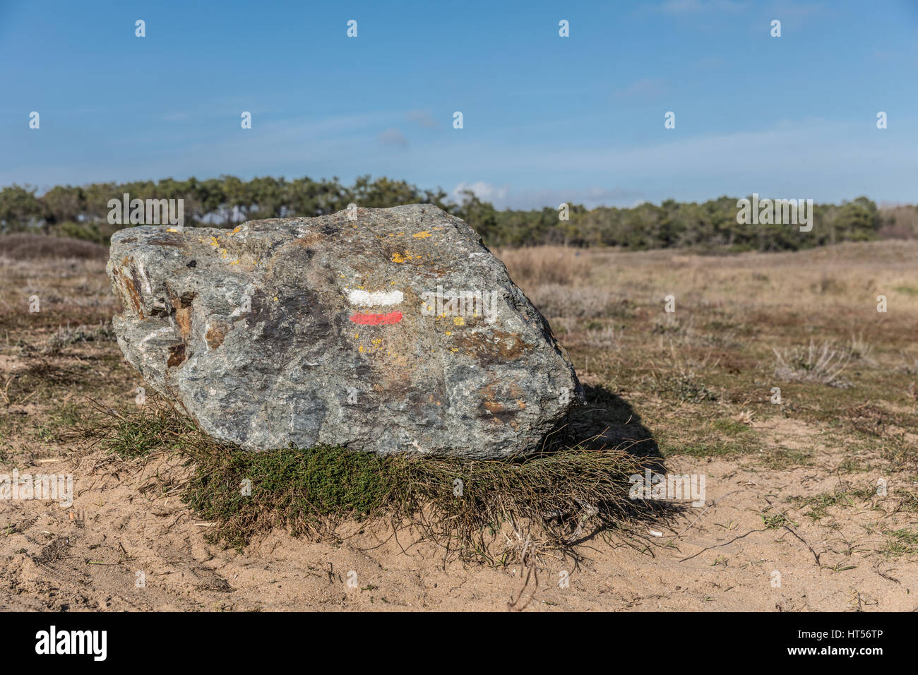 Randonnées marquer 'peinture' bonne orientation sur la roche à Olonne-sur-mer dunes Banque D'Images