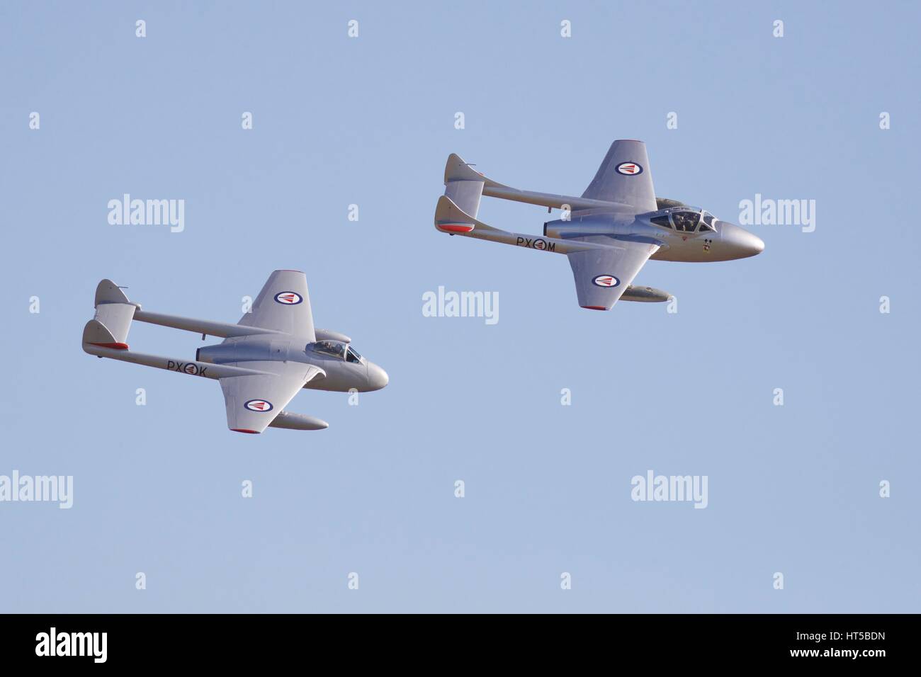 De Havilland Vampire FB.52 et T.55 flying together à Duxford Air Show Banque D'Images