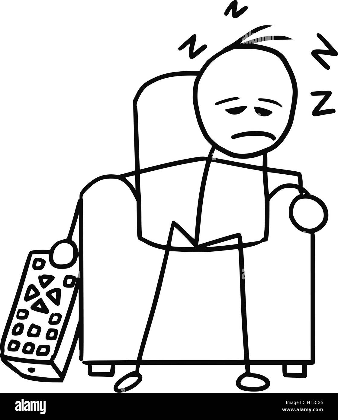 Vector Cartoon doodle stickman dormir dans le fauteuil en face de la télévision Illustration de Vecteur