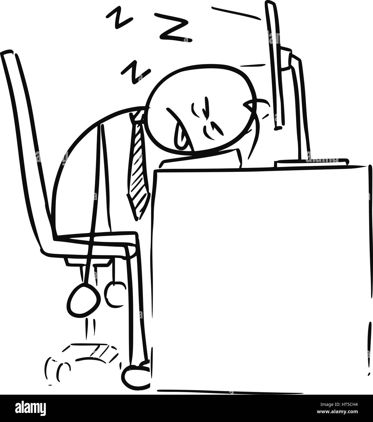 Vector Cartoon doodle épuisé fatigué stickman homme dormir sur le clavier de l'ordinateur dans le travail Illustration de Vecteur