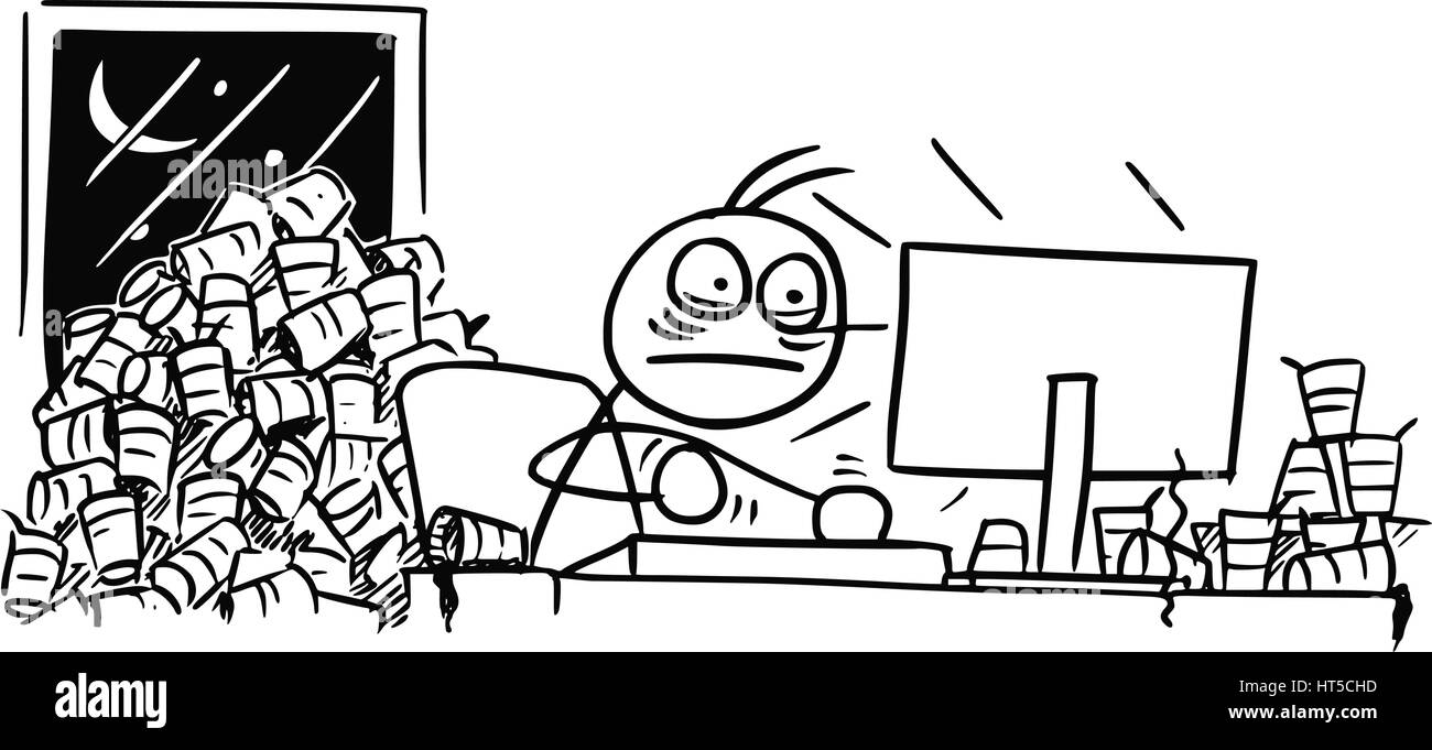 Vector Cartoon doodle stickman fatigué et l'homme est dosée café travaillant la nuit sur l'ordinateur avec plusieurs tasses de café autour de Illustration de Vecteur