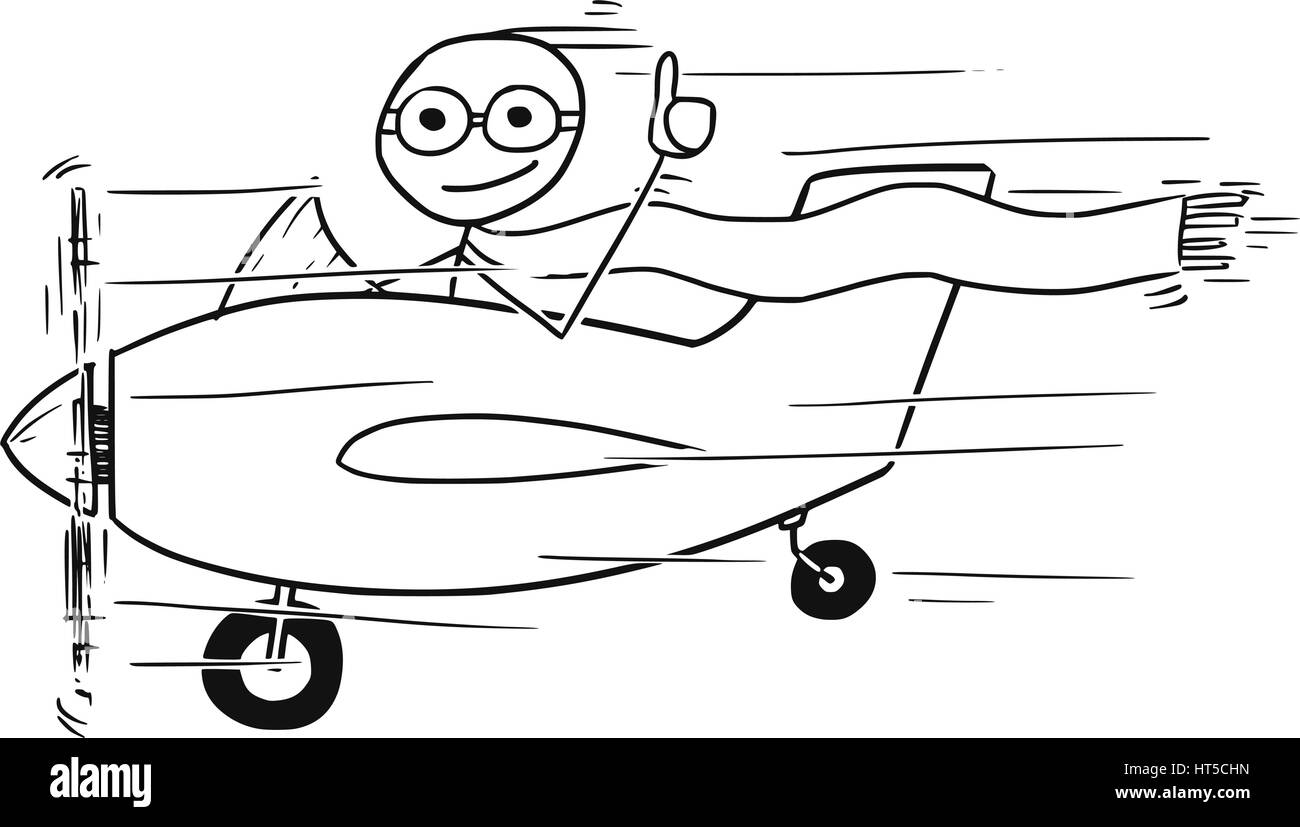 Cartoon vector stickman homme volant en petit avion propulsé showing thumb up and smiling. Illustration de Vecteur
