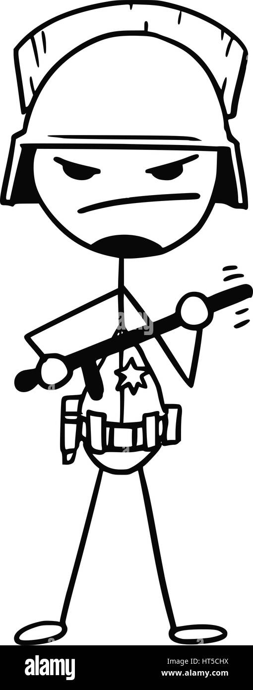 Cartoon vector stickman policier en danger posent avec casque lourd et de matraque baton dans ses mains Illustration de Vecteur