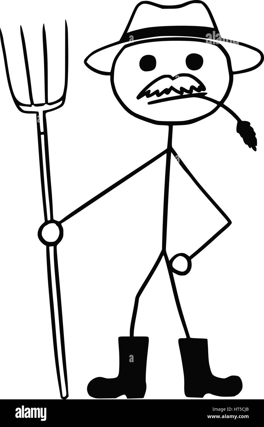 Cartoon vector stickman agriculteur avec fourchette et hat Illustration de Vecteur