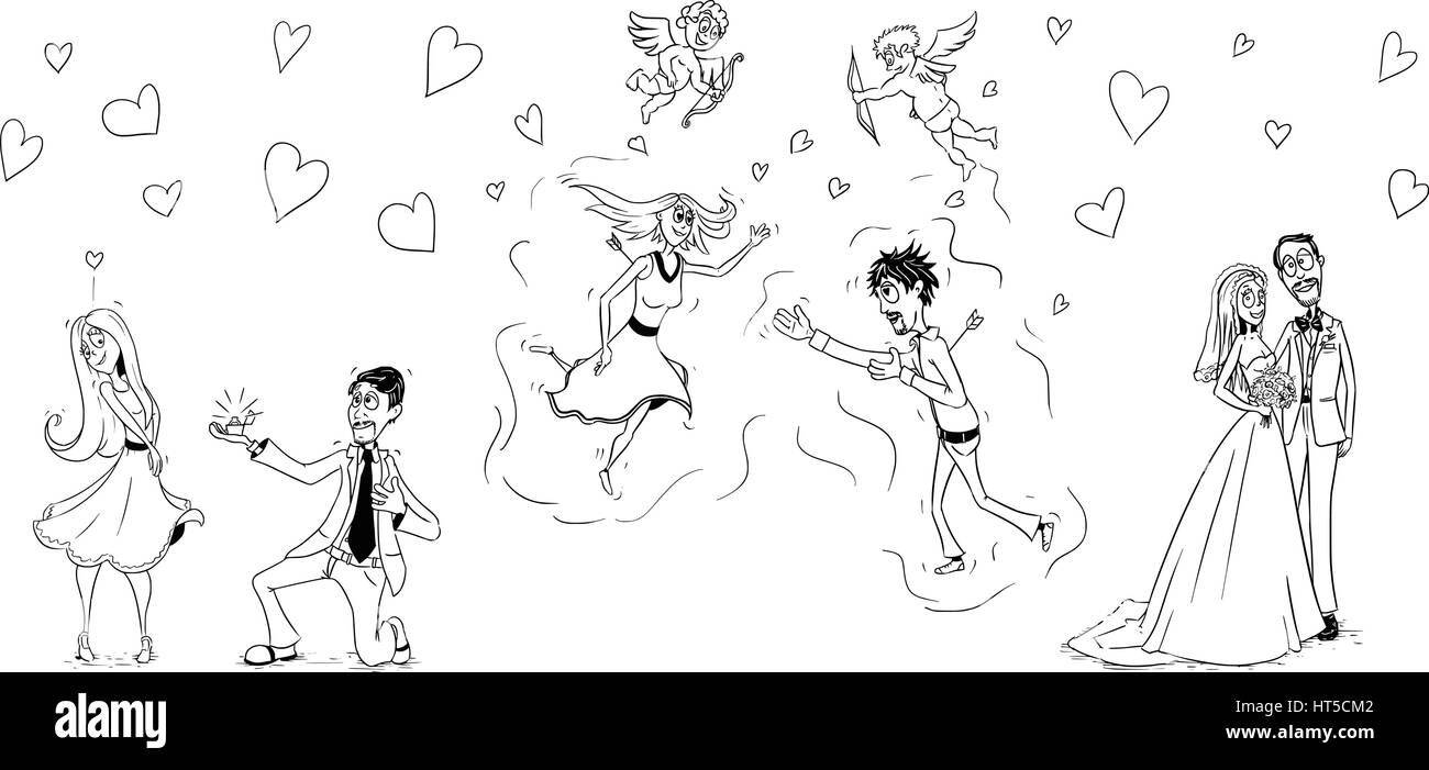 Vector cartoon mariage doodle, ensemble de trois images de l'homme et de la femme dans l'amour Illustration de Vecteur