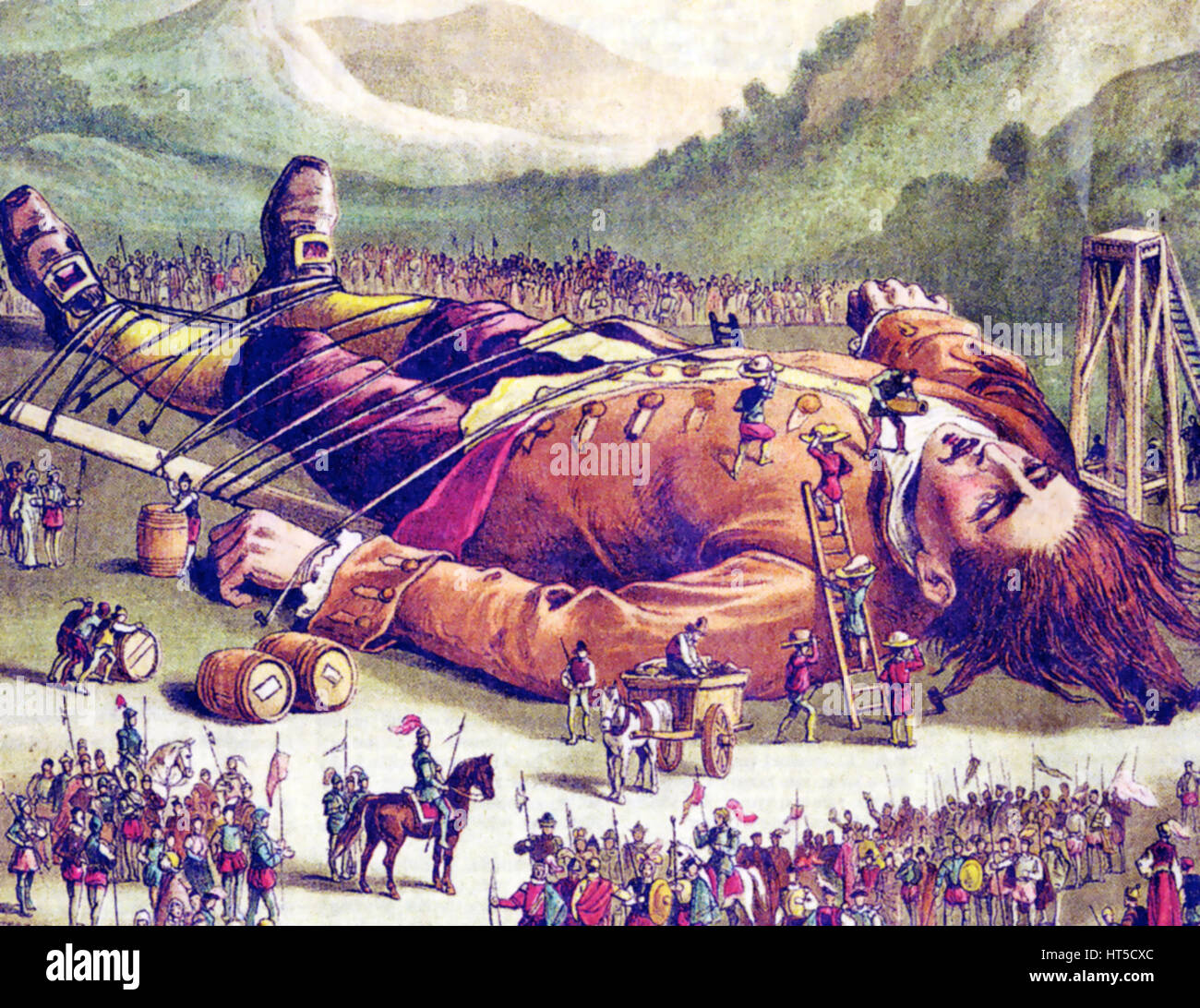 Les voyages de Gulliver. Gulliver chez les Lilliputiens - gravure du xixe siècle Banque D'Images