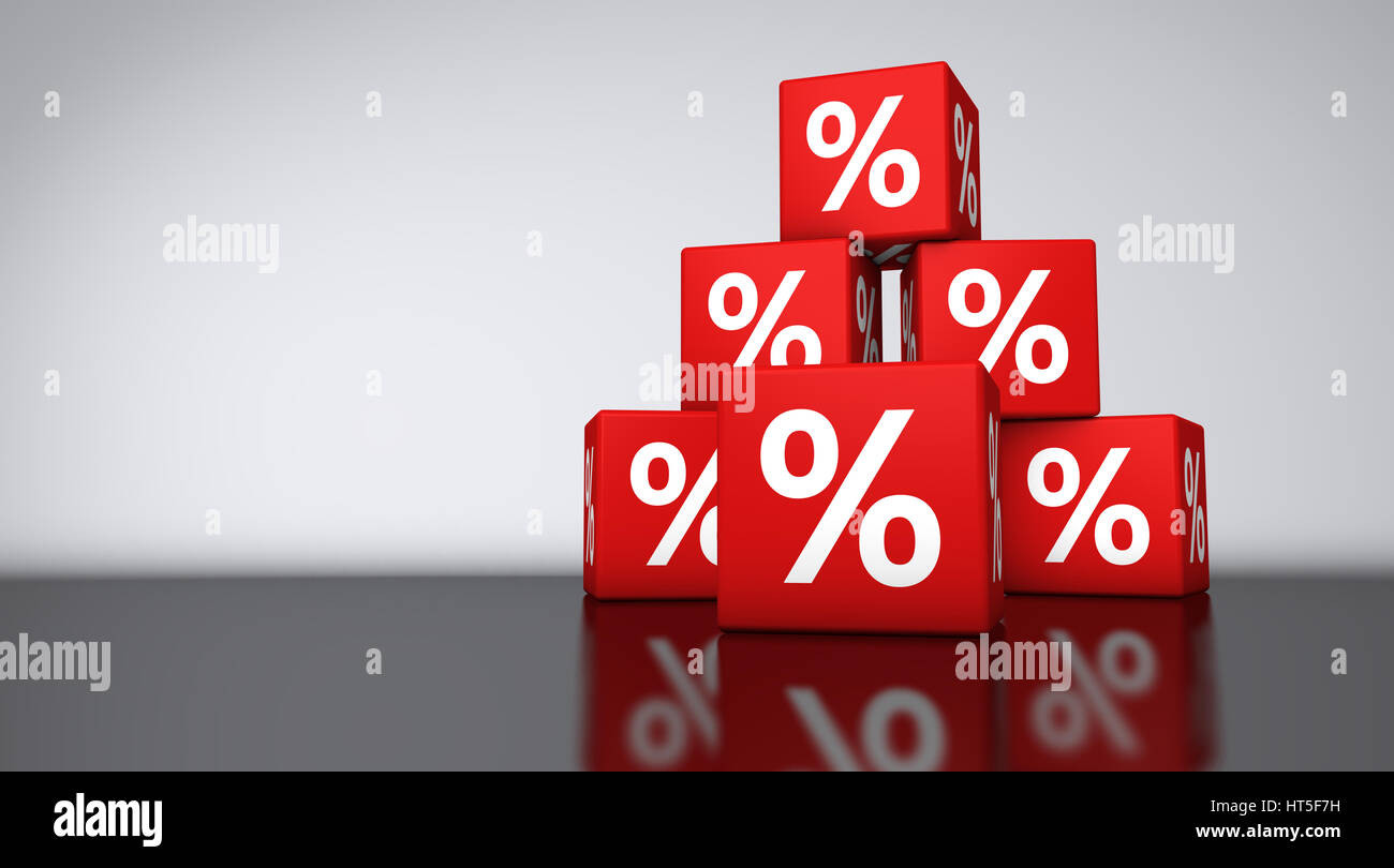 Vente et shopping concept contexte avec symbole de pourcentage sur les cubes rouges 3D illustration. Banque D'Images