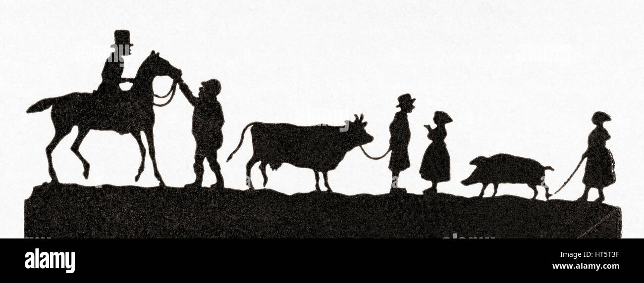 Silhouette papier dépeignant des personnes prenant leurs animaux au marché par Paul Ronewka, (1840 -1871). De Meyers lexique, publié 1927. Banque D'Images