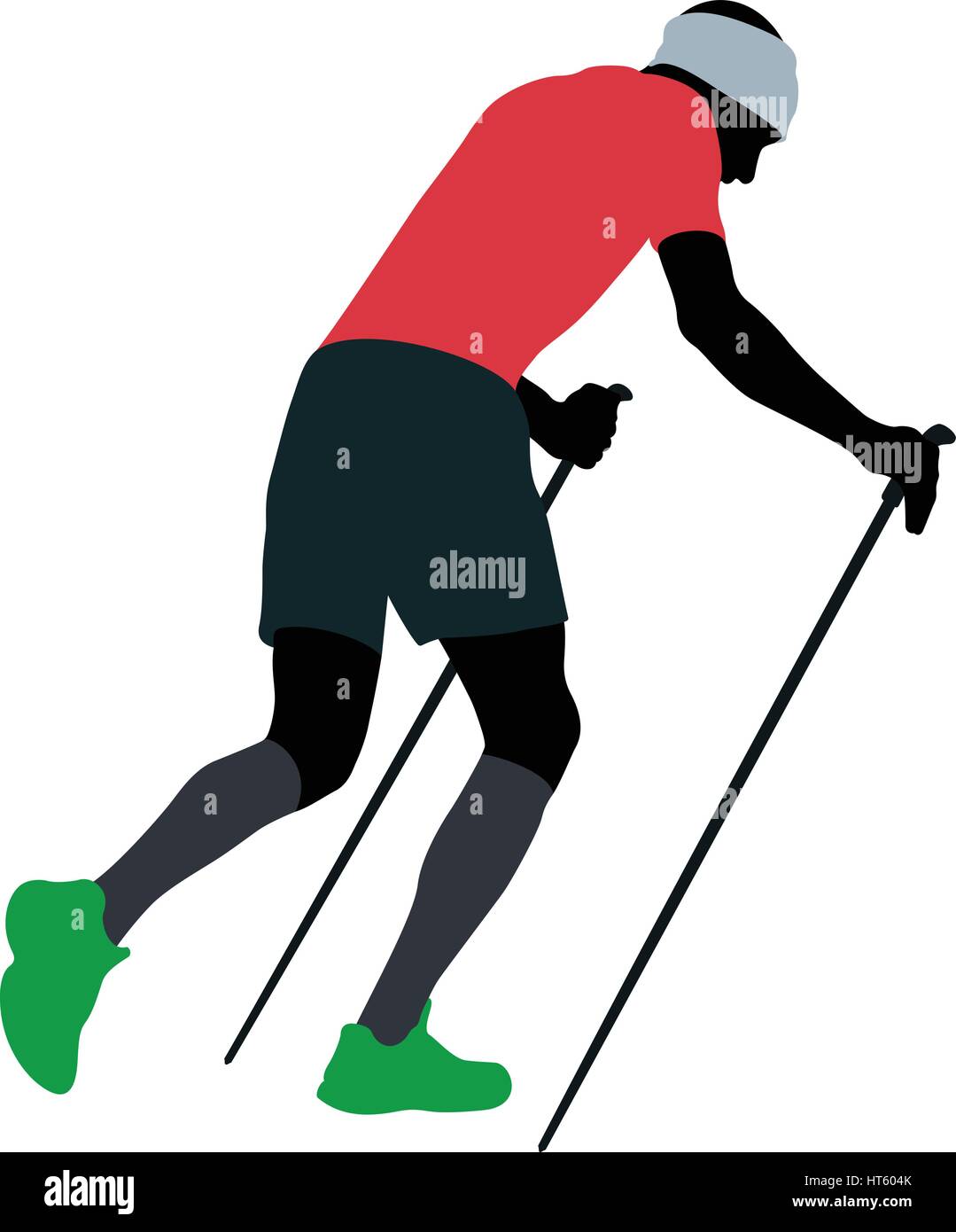 Homme coureur avec bâtons de marche en marche en montée dans des chaussettes de compression Illustration de Vecteur
