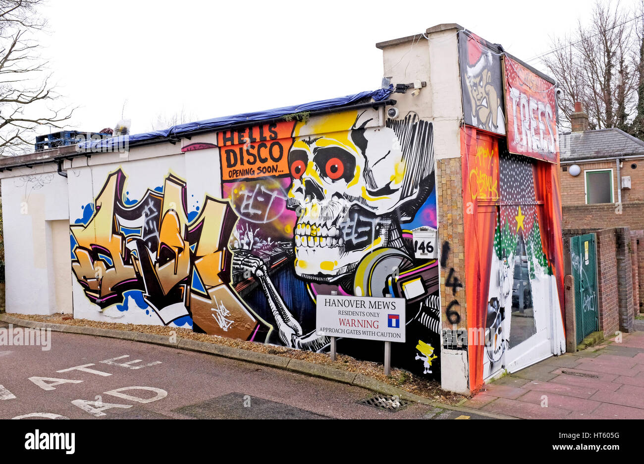 Mur couvert de graffitis dans la région d'Hanovre, de Brighton, UK Banque D'Images