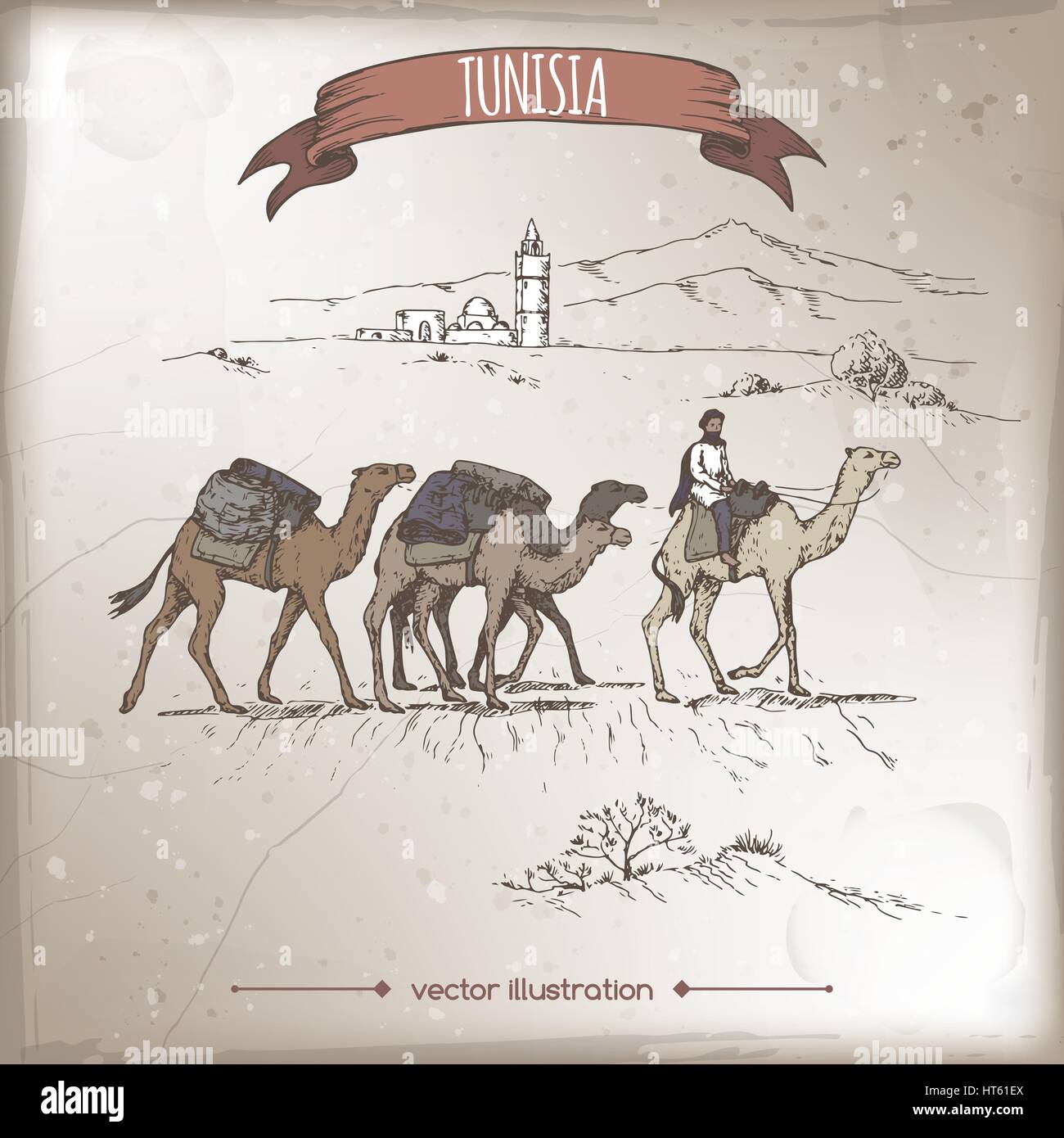 Vintage Voyage illustration avec désert, chameaux et ancienne mosquée, la Tunisie. Illustration de Vecteur