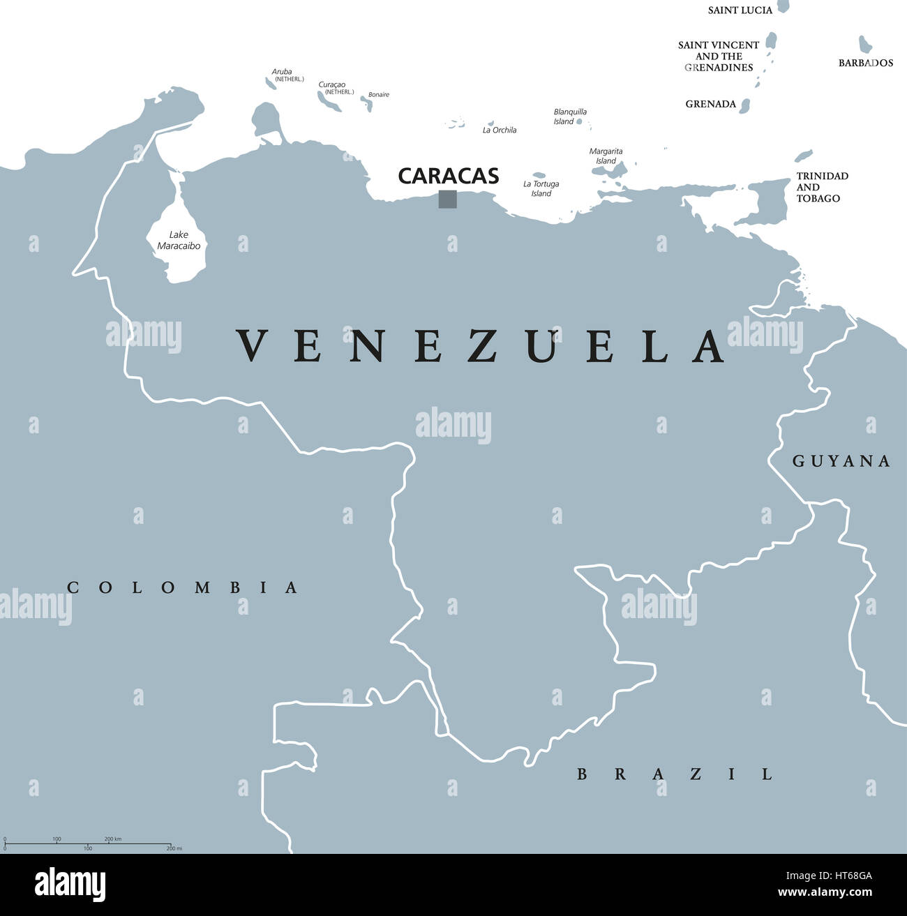 Carte politique du Venezuela avec Capitale Caracas et les frontières nationales. République fédérale et bolivarienne, un pays sur la côte nord de l'Amérique du Sud. Banque D'Images