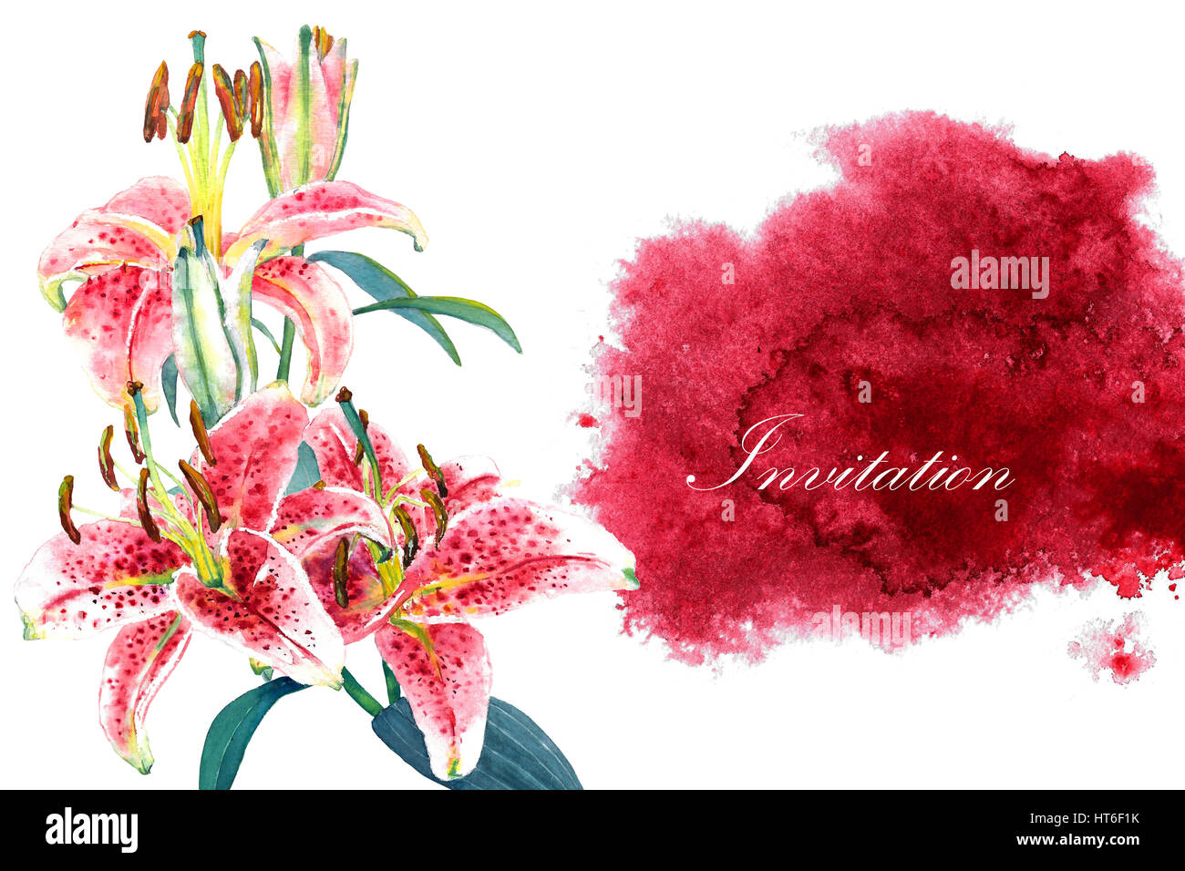 Bouquet tropical superbe lys rose sur rose aquarelle splash et le texte 'Invitation'. La mode ou de la papeterie, de l'accueil/invitation card design. Banque D'Images