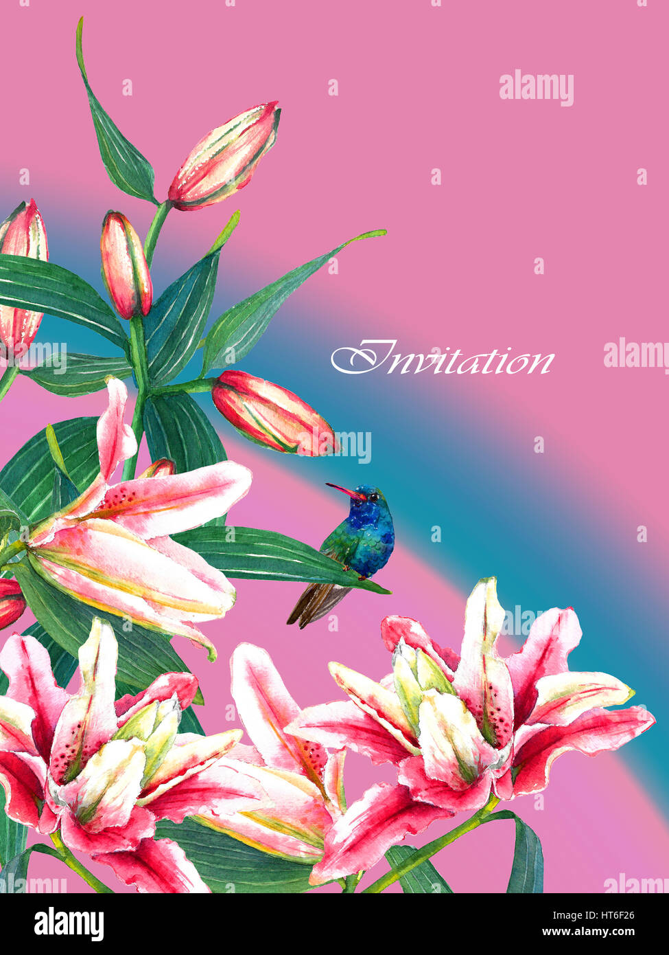 Bouquet de rose d'Asie tropicale des lys et un colibri. Isolé sur fond blanc. La mode ou la papeterie, carte de voeux et d'invitation de style Hawaïen Banque D'Images