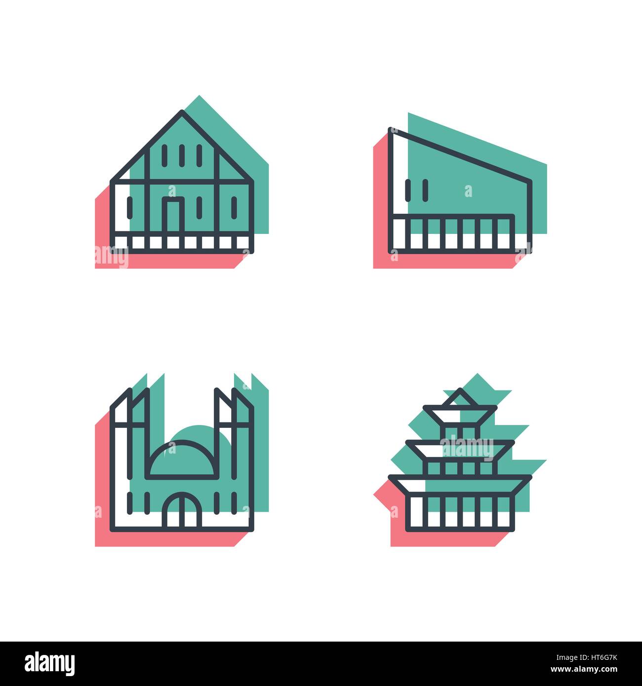 Différents, un bâtiment icon set. 3D anaglyphe. Illustration de Vecteur