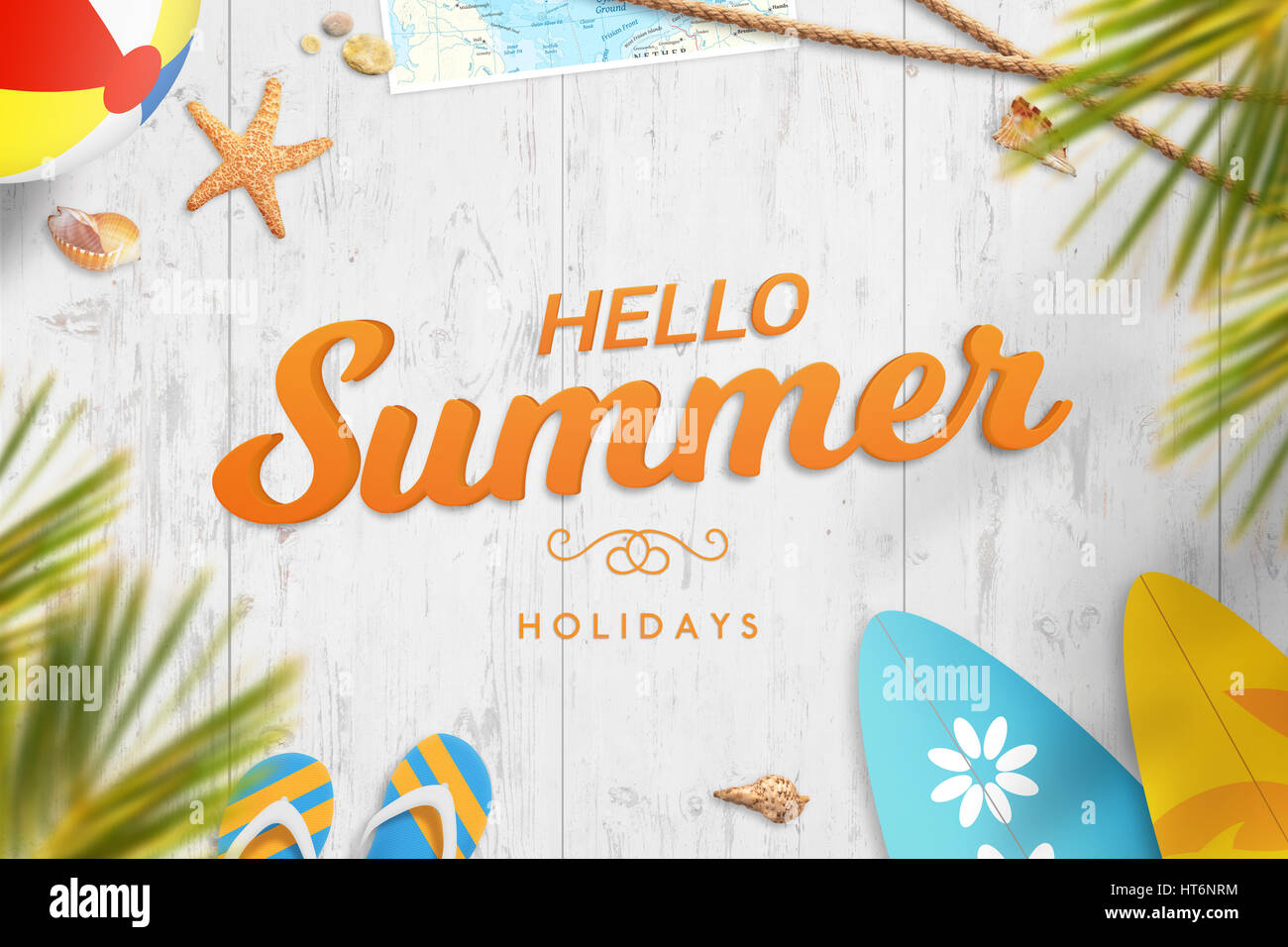 Bonjour les vacances d'été. Maison de vacances image avec texte de motivation. Palmiers, ball, surf, lunettes, carte, étoiles, slipers et shell à côté. Banque D'Images
